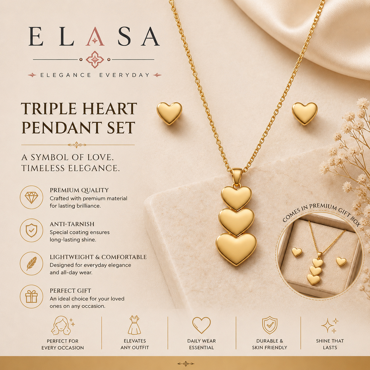 Premium Gold-Plated Triple Heart Pendant Set