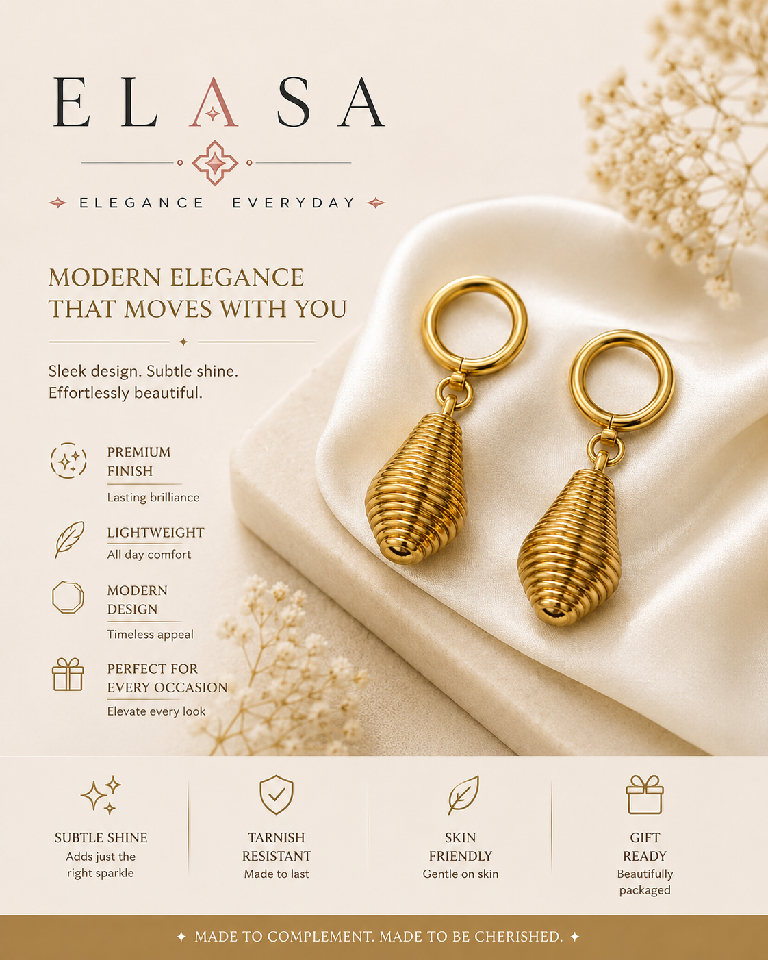 Modern Gold-Tone Ribbed Teardrop Earrings