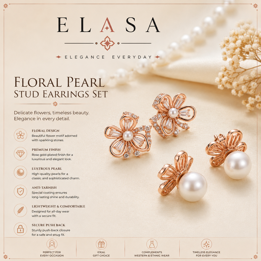 Premium Rose Gold Floral Pearl Stud Earrings