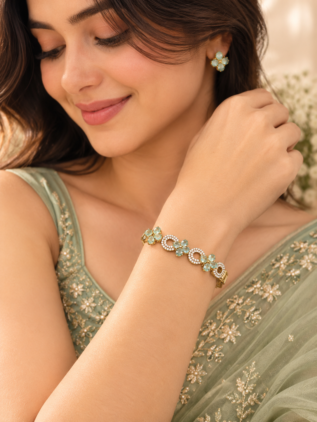 Mint Green Floral Gold-Tone Bracelet