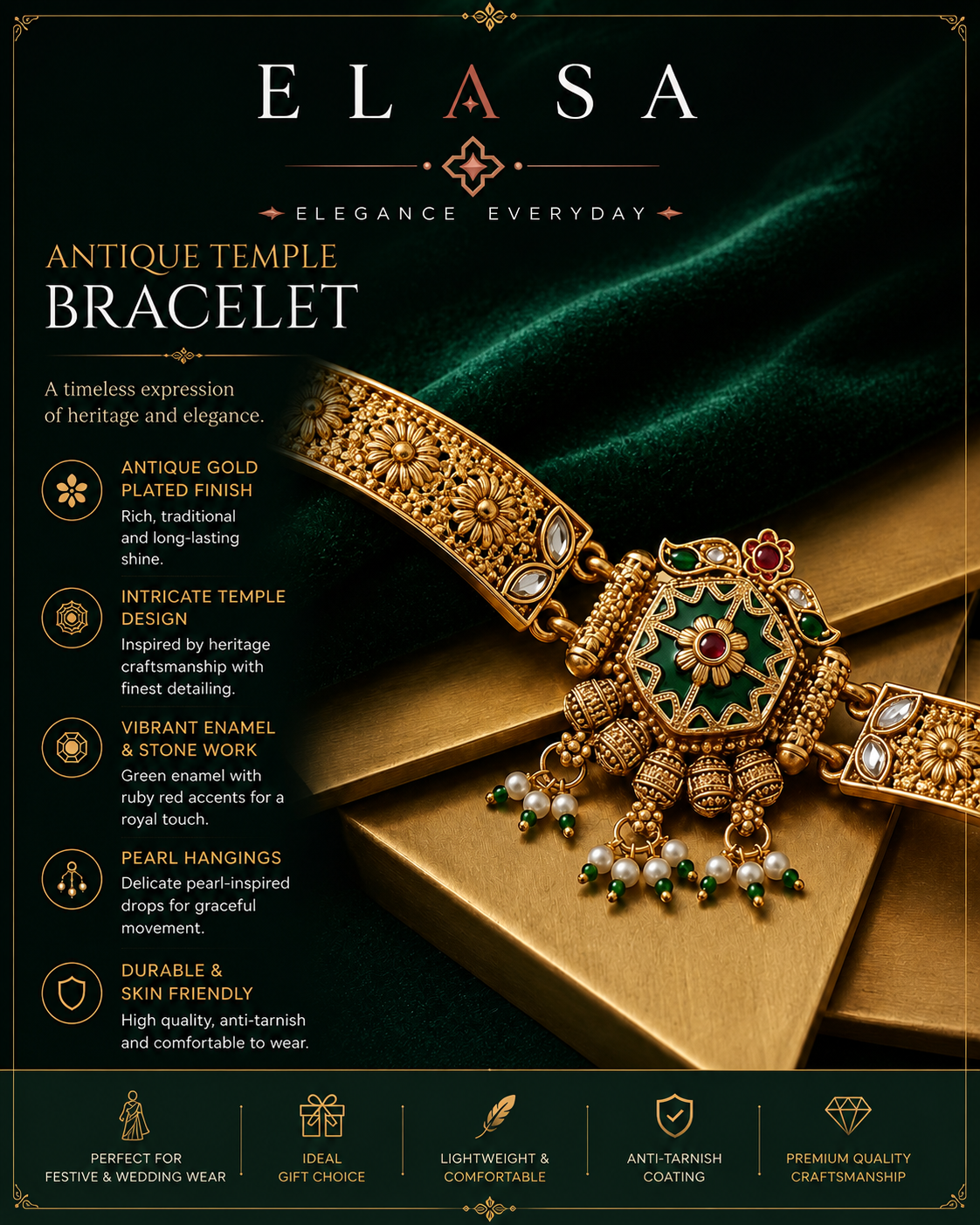 Premium Antique Gold-Toned Temple Style Bracelet