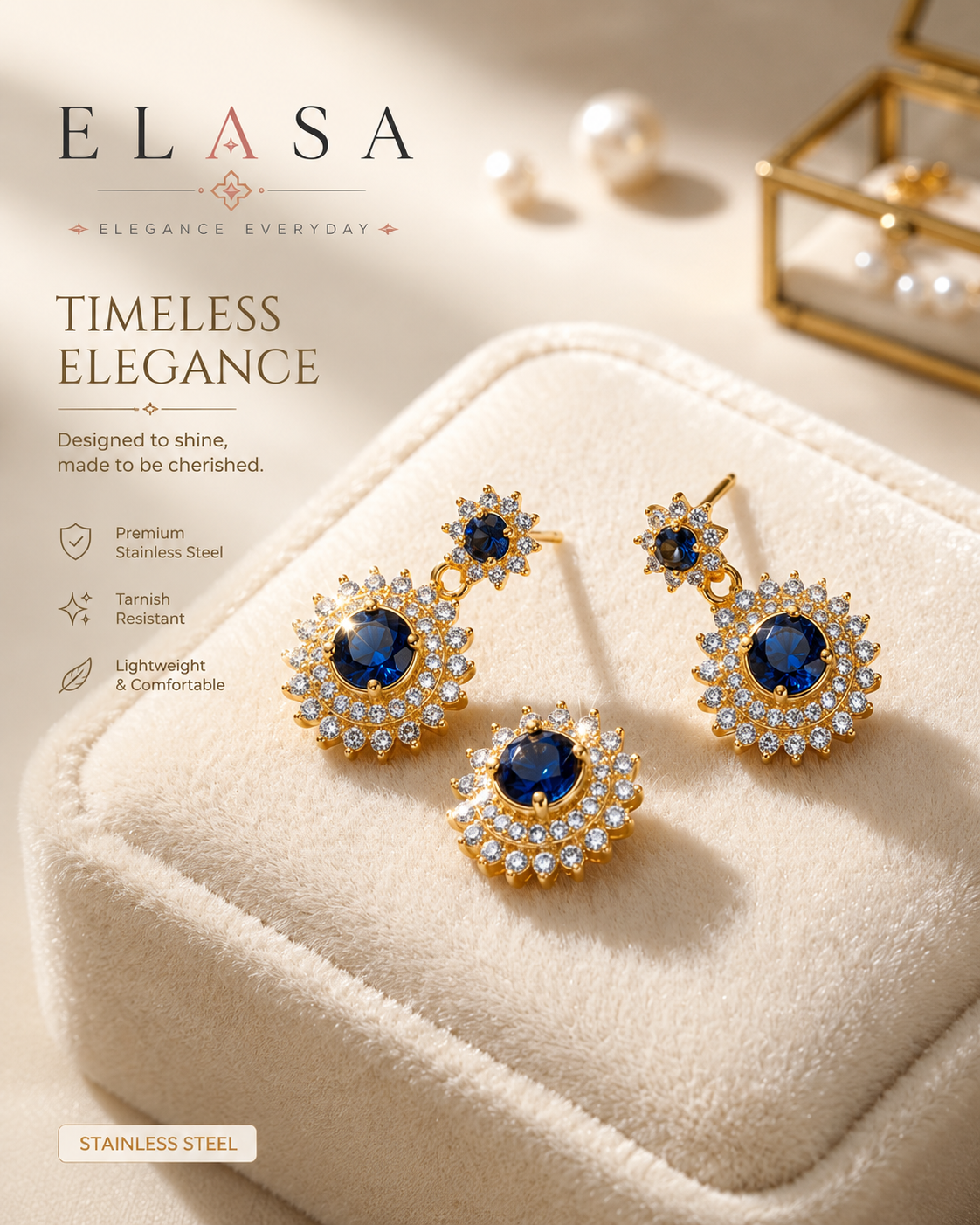 Sapphire Spark American Diamond Stud Drop Earrings