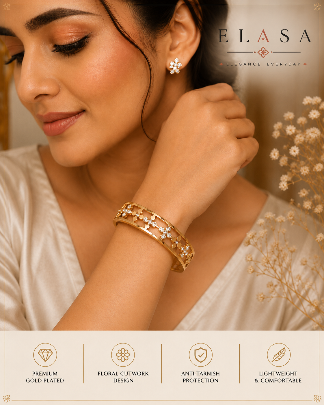 Premium Gold-Toned Floral Crystal Bangle Bracelet