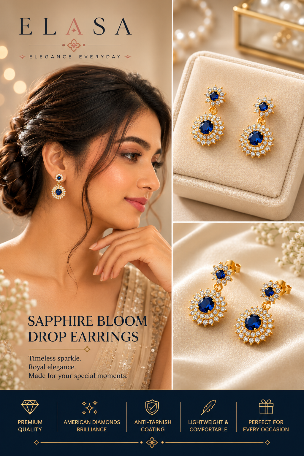 Sapphire Spark American Diamond Stud Drop Earrings