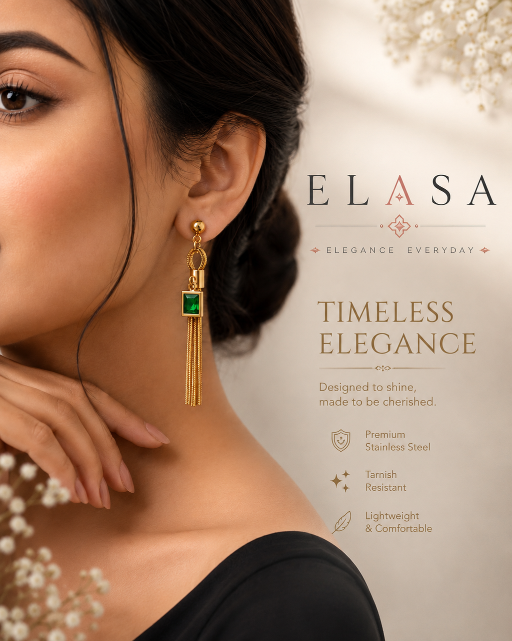 Emerald Tassel Stainless Steel Drop Earrings