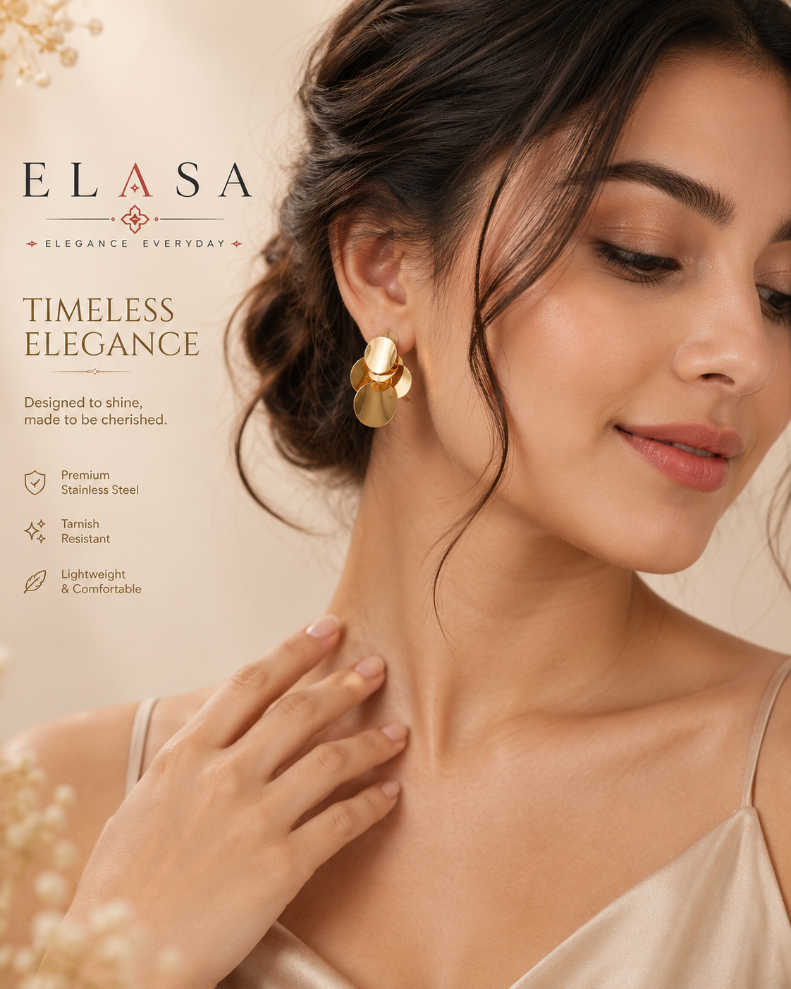 Modern Cascade Gold Disc Stud Earrings