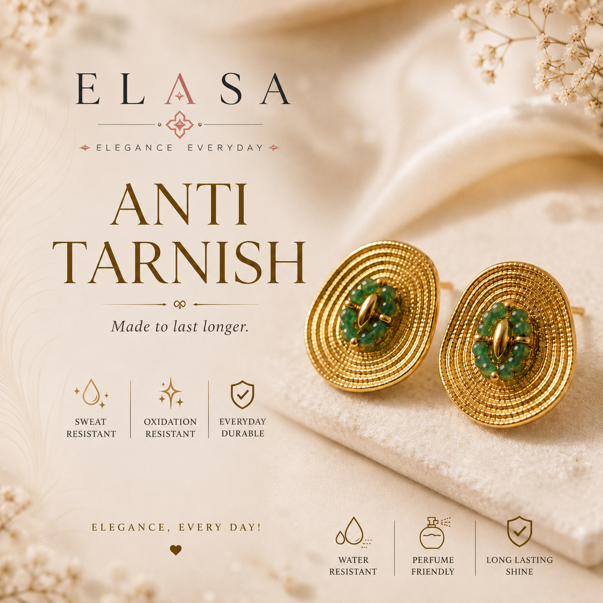 Emerald Bloom Textured Gold Stud Earrings