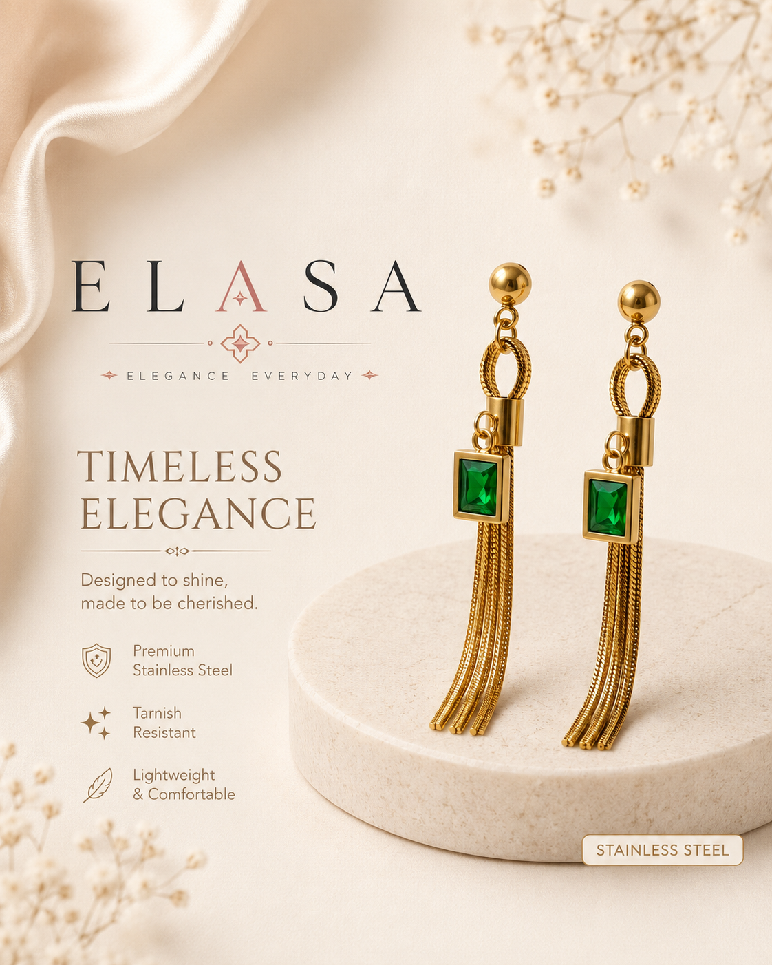 Emerald Tassel Stainless Steel Drop Earrings