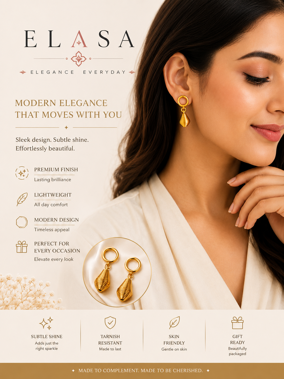 Modern Gold-Tone Ribbed Teardrop Earrings