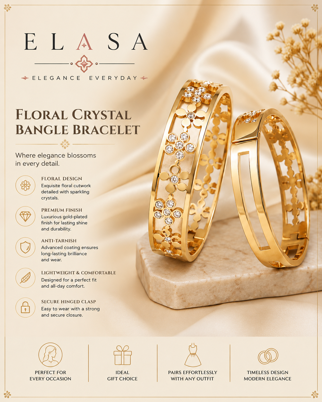 Premium Gold-Toned Floral Crystal Bangle Bracelet