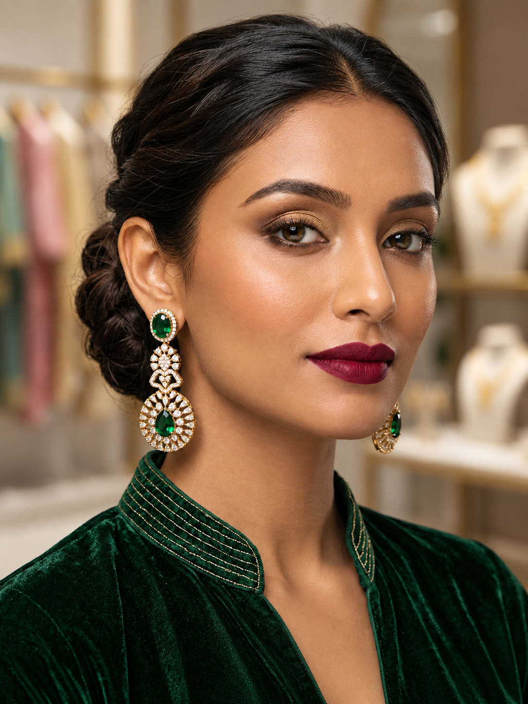 Royal Green American Diamond Dangle Earrings