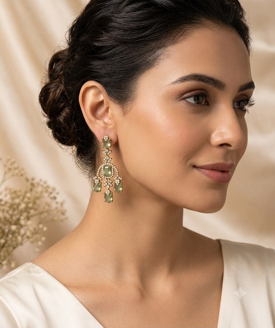 Emerald Bloom American Diamond Statement Earrings