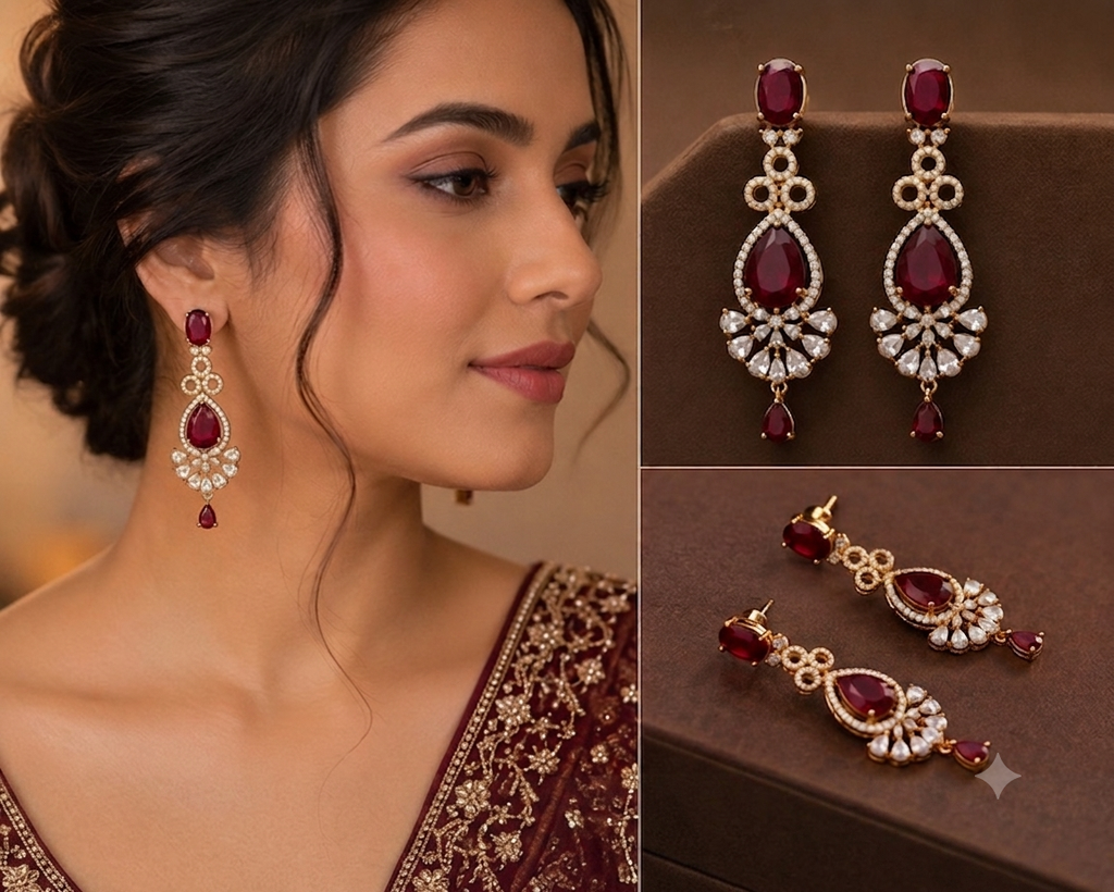 Royal Ruby American Diamond Dangle Earrings – Premium Artificial Jewellery